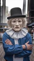 A man wearing a clown mask and hat photo