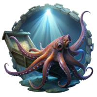 serene rustic vibrant vintage A giant Pacific octopus exploring a sunken shipwreck, tentacles swirling around rusted metal, illuminated by beams of light from above.... png