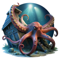 magnificent creative wonderful abstract A giant Pacific octopus exploring a sunken shipwreck, tentacles swirling around rusted metal, illuminated by beams of light from above.... png