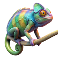 serene vintage impressive creative A chameleon perched on a branch, blending seamlessly with the surrounding foliage, its skin displaying vibrant, iridescent colors.... png