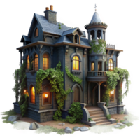 beautiful modern elegant vintage A dilapidated Victorian mansion, overgrown with ivy, illuminated by a single flickering gas lamp through a broken window, eerie atmosphere, dark fantasy, digital... png