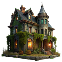 elegant contemporary extraordinary contemporary A dilapidated Victorian mansion, overgrown with ivy, illuminated by a single flickering gas lamp through a broken window, eerie atmosphere, dark... png