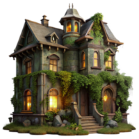 extraordinary rustic elegant minimalist A dilapidated Victorian mansion, overgrown with ivy, illuminated by a single flickering gas lamp through a broken window, eerie atmosphere, dark fantasy,... png