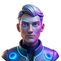 magnificent minimalist wonderful traditional Portrait of a cyborg with glowing blue circuitry visible beneath their synthetic skin, a melancholic expression in their metallic eyes, lit by neon... png