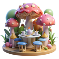 extraordinary creative beautiful creative A whimsical tea party hosted by a mischievous pixie in a giant mushroom forest, dappled sunlight filtering through the canopy, Beatrix Potter style high... png