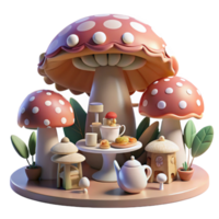 serene traditional extraordinary traditional A whimsical tea party hosted by a mischievous pixie in a giant mushroom forest, dappled sunlight filtering through the canopy, Beatrix Potter style... png