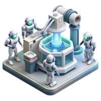 impressive vintage elegant artistic A group of robots, each with unique designs and functions, assemble a giant energy weapon in a sterile, white laboratory, bathed in harsh fluorescent light.... png