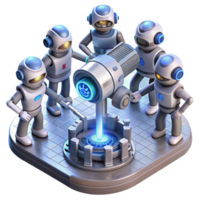 extraordinary classic vibrant abstract A group of robots, each with unique designs and functions, assemble a giant energy weapon in a sterile, white laboratory, bathed in harsh fluorescent light.... png