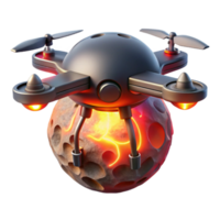 wonderful modern stunning minimalist A lone, hovering drone, its metallic surface reflecting the fiery eruption of a volcano on a distant moon, illuminated by the red glow of the lava.... png