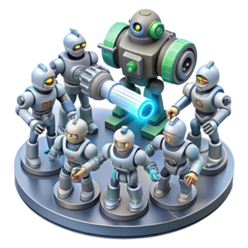 maravilloso rústico elegante contemporáneo un grupo de robots, cada con único diseños y funciones, montar un gigante energía arma en un estéril, blanco laboratorio, bañado en duro fluorescente luz.... png