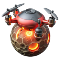 stunning vintage extraordinary vintage A lone, hovering drone, its metallic surface reflecting the fiery eruption of a volcano on a distant moon, illuminated by the red glow of the lava.... png