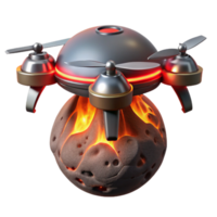 dramatic vintage beautiful vintage A lone, hovering drone, its metallic surface reflecting the fiery eruption of a volcano on a distant moon, illuminated by the red glow of the lava.... png