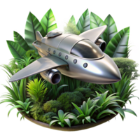 magnificent abstract wonderful creative A sleek, silver spaceship, resembling a dragonfly, descends towards a lush, alien jungle, illuminated by the dappled sunlight filtering through the dense... png