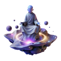 wonderful rustic magnificent vintage A solitary figure in a flowing robe meditates atop a floating rock, surrounded by swirling nebulae and distant galaxies, illuminated by the soft light of the... png