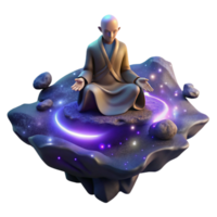 wonderful vintage magnificent minimalist A solitary figure in a flowing robe meditates atop a floating rock, surrounded by swirling nebulae and distant galaxies, illuminated by the soft light of... png