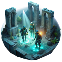 impressive rustic elegant vintage A group of explorers in advanced diving suits explore the ruins of an underwater city, illuminated by the beams of their headlamps and the bioluminescent flora.... png