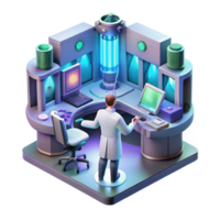 extraordinary contemporary vibrant vintage A lone scientist works in a cluttered, futuristic laboratory, surrounded by glowing screens and strange devices, illuminated by the cool light of the... png