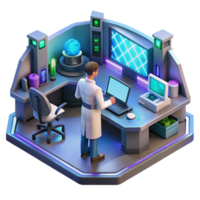 beautiful vintage dramatic classic A lone scientist works in a cluttered, futuristic laboratory, surrounded by glowing screens and strange devices, illuminated by the cool light of the monitors.... png
