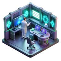 wonderful classic wonderful vintage A lone scientist works in a cluttered, futuristic laboratory, surrounded by glowing screens and strange devices, illuminated by the cool light of the monitors.... png