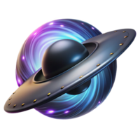 elegant traditional extraordinary artistic A sleek, black spaceship, cloaked in a shimmering energy field, emerges from a wormhole, illuminated by the distorted light of the portal.... png