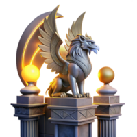 dramatic traditional dramatic rustic A majestic griffin perched atop a crumbling obsidian tower, illuminated by the ethereal glow of three moons, Art Deco style high quality exclusive png