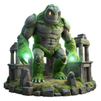 stunning traditional elegant classic A colossal, stone golem covered in glowing moss standing guard over a ruined temple, soft, moonlight, dark fantasy art style premium professional png