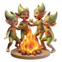 stunning traditional serene minimalist A group of mischievous pixies dancing around a bonfire, vibrant, flickering firelight, Brian Froud style 4K high resolution png
