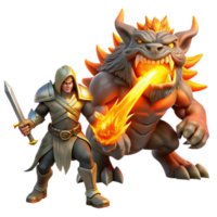 elegant modern magnificent abstract A warrior wielding a flaming sword against a colossal, shadowy beast, dramatic backlighting, Alphonse Mucha style high quality premium png