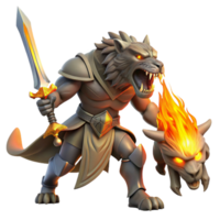 dramatic rustic stunning creative A warrior wielding a flaming sword against a colossal, shadowy beast, dramatic backlighting, Alphonse Mucha style genuine detailed png