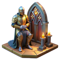 serene minimalist impressive abstract A powerful, armored knight kneeling before a glowing altar, dramatic, stained-glass lighting, medieval manuscript style detailed genuine png