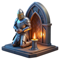 magnificent rustic elegant traditional A powerful, armored knight kneeling before a glowing altar, dramatic, stained-glass lighting, medieval manuscript style exclusive authentic png