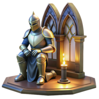 vibrant modern serene traditional A powerful, armored knight kneeling before a glowing altar, dramatic, stained-glass lighting, medieval manuscript style original high quality png