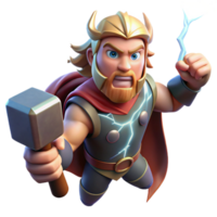 vibrant contemporary dramatic rustic Thor, Norse god of thunder, wielding Mjolnir amidst a raging thunderstorm, lightning illuminating his face, comic book style premium high quality png