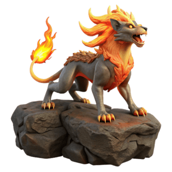 extraordinário clássico vibrante minimalista uma quimera, uma cuspidor de fogo híbrido criatura, em pé em uma rochoso afloramento, fogosa iluminação, hiper-realista estilo genuíno 4k png