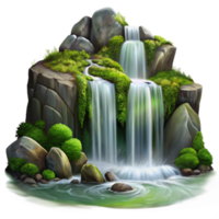 beautiful minimalist extraordinary traditional A cascading waterfall flowing over moss-covered rocks, long exposure, ethereal lighting, romantic style professional detailed png