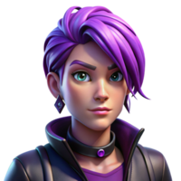 wonderful artistic beautiful rustic Portrait of an androgynous person with short, vibrant purple hair and multiple piercings, wearing a leather jacket and a defiant expression.... png