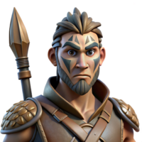 magnificent contemporary dramatic abstract Portrait of a stern-looking warrior with tribal face paint and leather armor, holding a spear. Dramatic, low-key lighting. Realistic style exclusive genuine png