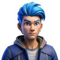wonderful rustic magnificent artistic Portrait of a young man with vibrant blue hair styled in a mohawk, wearing a ripped denim jacket and a rebellious expression. Harsh, contrasting lighting.... png