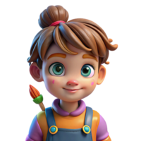 dramatic rustic impressive artistic Portrait of a curious child with wide eyes and a messy bun, wearing paint-splattered overalls and holding a paintbrush. Bright, colorful lighting.... png
