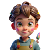 impressive classic beautiful abstract Portrait of a curious child with wide eyes and a messy bun, wearing paint-splattered overalls and holding a paintbrush. Bright, colorful lighting.... png