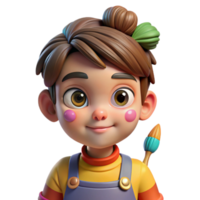 extraordinary creative magnificent rustic Portrait of a curious child with wide eyes and a messy bun, wearing paint-splattered overalls and holding a paintbrush. Bright, colorful lighting.... png