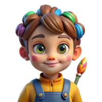 stunning rustic elegant rustic Portrait of a curious child with wide eyes and a messy bun, wearing paint-splattered overalls and holding a paintbrush. Bright, colorful lighting.... png