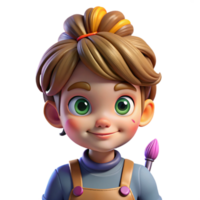 stunning creative magnificent rustic Portrait of a curious child with wide eyes and a messy bun, wearing paint-splattered overalls and holding a paintbrush. Bright, colorful lighting.... png