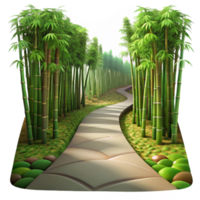 vibrant classic extraordinary vintage A winding path through a lush, green bamboo forest, dappled with sunlight filtering through the leaves, in a serene, Japanese woodblock print style premium... png
