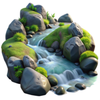 serene modern wonderful traditional A crystal-clear mountain stream flowing over smooth, moss-covered rocks, illuminated by dappled sunlight, in a realistic, nature documentary style professional 4K png