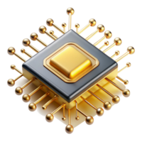magnífico contemporâneo extraordinário tradicional uma solteiro microchip, ampliado centenas do vezes, intrincado caminhos brilhando com dourado luz, detalhes rendido com extremo precisão,... png