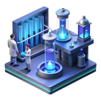 dramatic rustic impressive rustic A futuristic laboratory filled with glowing test tubes and complex machinery, scientists working in the background, dimly lit by cool blue light premium genuine png