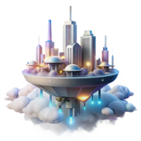 dramatic contemporary impressive artistic A floating city in the clouds, futuristic architecture and glowing lights, viewed from below, dreamy and ethereal style exclusive authentic png