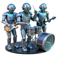 wonderful classic magnificent contemporary A group of humanoid robots playing musical instruments, intricate metallic details and glowing accents, illuminated by stage lighting, cyberpunk style... png