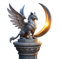 magnificent abstract wonderful traditional A majestic griffin perched atop a crumbling obsidian tower, illuminated by the ethereal glow of a triple moon, Art Nouveau style detailed professional png